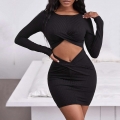 Women Sexy Cutout Twist Front Ribbed Knit Mini Dress Long Sleeve Bodycon Party Clubwear Short Dress