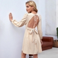 Sexy Backless A-Line Mini Dress Long Puff Sleeve Cotton Blend Round Neck Lace Up Tie Waist Solid Color Chic Party Dress For Women Casual Clubwear