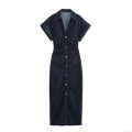 Women's Denim Midi Dress Summer Short Sleeve Single Breasted Lapel Shirt Dress A-Line Ruched Waist Regenerated Cellulose Fiber Jeans Dress Fashion
