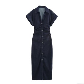 Women's Denim Midi Dress Summer Short Sleeve Single Breasted Lapel Shirt Dress A-Line Ruched Waist Regenerated Cellulose Fiber Jeans Dress Fashion