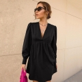 Sexy V-Neck Puff Long Sleeve Mini Dress For Women Elegant Cinched Waist A-Line Slim Fit Polyester Blend Dress For Party Evening Daily Clubwear