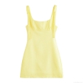 Women's Yellow Gingham Plaid Strap Mini Dress Bow Tie Shoulder Square Neck Backless Sleeveless Summer Party Vacation Sundress Polyester Slim Fit