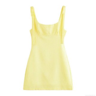 Women's Yellow Gingham Plaid Strap Mini Dress Bow Tie Shoulder Square Neck Backless Sleeveless Summer Party Vacation Sundress Polyester Slim Fit