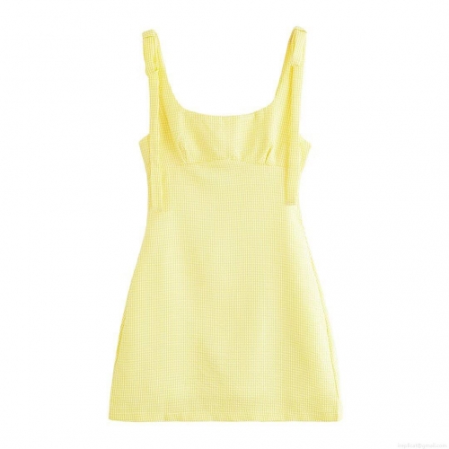 Women's Yellow Gingham Plaid Strap Mini Dress Bow Tie Shoulder Square Neck Backless Sleeveless Summer Party Vacation Sundress Polyester Slim Fit