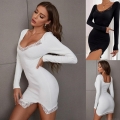 Women Sexy V Neck Long Sleeve Mini Dress Ribbed Knit Bodycon Dress With Lace Trim Elegant Solid Color Slim Fit Patchwork Short Dress For Women Party Clubwear