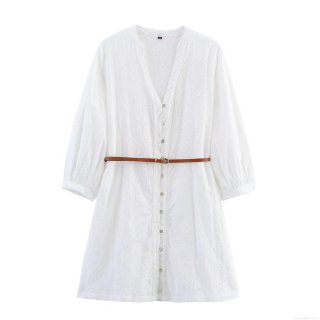Women's Embroidery Hollow Out Midi Shirt Dress With Belt Cotton Blend Long Sleeve Button Down V Neck Elegant Dress For Casual Party White