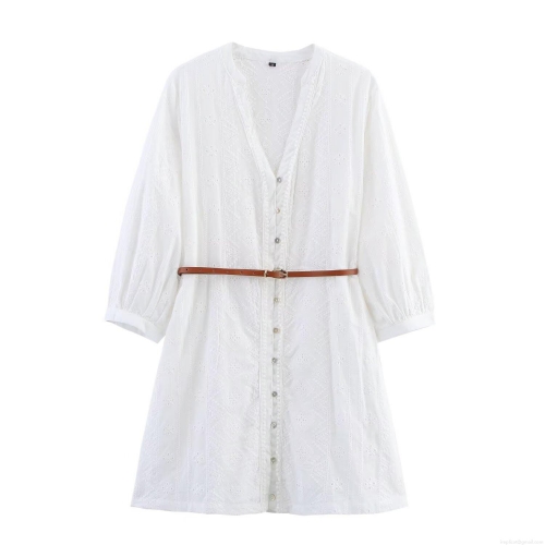 Women's Embroidery Hollow Out Midi Shirt Dress With Belt Cotton Blend Long Sleeve Button Down V Neck Elegant Dress For Casual Party White