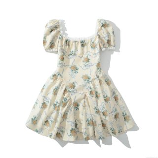 Women Square Neck Puff Sleeve Floral Mini Dress Vintage Lace Patchwork Summer Vacation Short Sleeve A-Line Polyester Dress