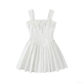 French Vintage White Polyester Mini Dress Women Square Neck Sleeveless Pleated A-Line Ruffle Strap Sundress Short Dress For Summer Casual Party