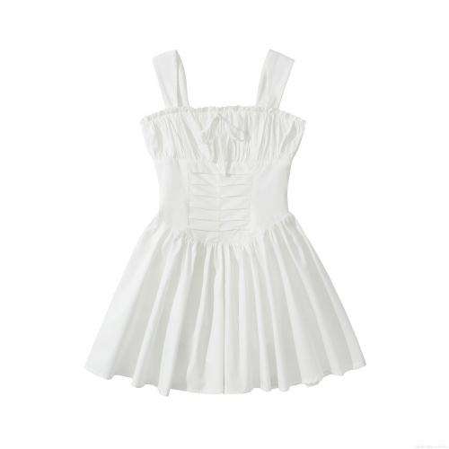 French Vintage White Polyester Mini Dress Women Square Neck Sleeveless Pleated A-Line Ruffle Strap Sundress Short Dress For Summer Casual Party