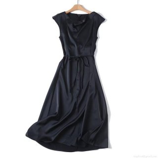 Women Elegant Sleeveless Satin Midi Dress With Waist Tie Round Neck Solid Color Viscose Spandex A-Line Party Dress Sexy Summer Evening Gown