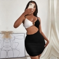 Sexy Hollow Out Ribbed Knit Mini Dress Women Color Block Splicing Bodycon Camisole Dress Backless Sleeveless Party Clubwear With Metal Ring