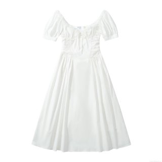 Women's Summer White Cotton Lace Midi Dress Puff Short Sleeve Square Neck Lace-up Pleated A-Line Swing Dress For Vacation Party Sweet Elegant Streetwear Style