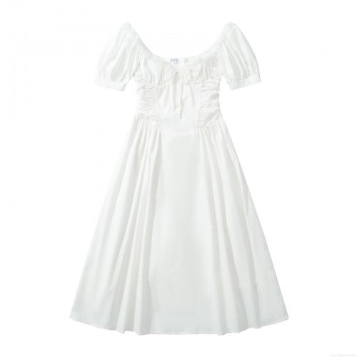 Women's Summer White Cotton Lace Midi Dress Puff Short Sleeve Square Neck Lace-up Pleated A-Line Swing Dress For Vacation Party Sweet Elegant Streetwear Style