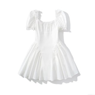 Women White Lace Puff Sleeve Mini Dress French Retro Square Neck A-Line Streetwear Short Sleeve Back Zipper Summer Party Dress For Ladies