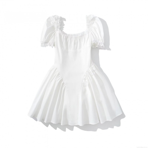 Women White Lace Puff Sleeve Mini Dress French Retro Square Neck A-Line Streetwear Short Sleeve Back Zipper Summer Party Dress For Ladies