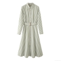 Women's Striped Cotton Shirt Dress With Belt Elegant Long Sleeve Lapel Maxi Dress Casual Summer Streetwear Fashion Midi Dress