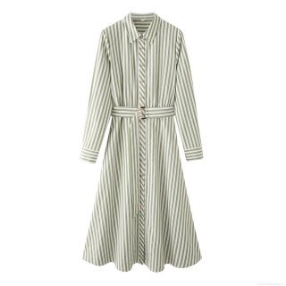 Women's Striped Cotton Shirt Dress With Belt Elegant Long Sleeve Lapel Maxi Dress Casual Summer Streetwear Fashion Midi Dress