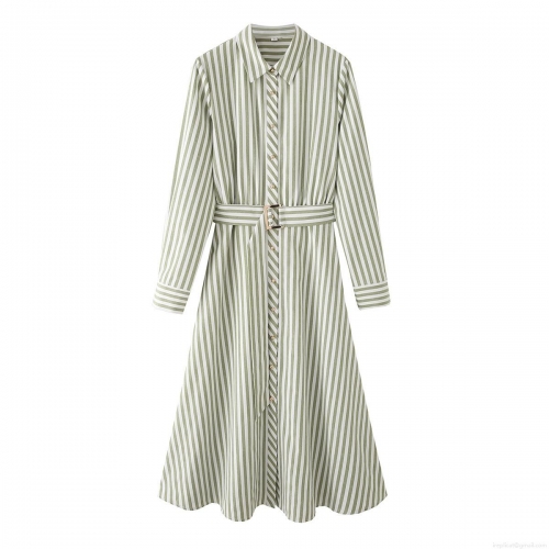 Women's Striped Cotton Shirt Dress With Belt Elegant Long Sleeve Lapel Maxi Dress Casual Summer Streetwear Fashion Midi Dress