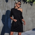 Women's One Shoulder Mini Dress Knitting Polyester Blend Short Sleeve Bodycon Dress With Waist Tie For Party Club Elegant Lady Slim Fit Summer Outfit