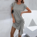Women Casual Grey Knitted Mini Dress With Asymmetric Hem Round Neck Short Sleeve Twist Knot Waist Slim Fit Knitted Dress For Summer Daily Wear