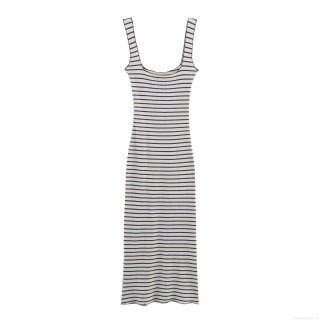 Women's Square Neck Striped Sleeveless Midi Dress Knit Ribbed Acetate Fiber Slim Fit Bodycon Summer Dress Streetwear Fashion