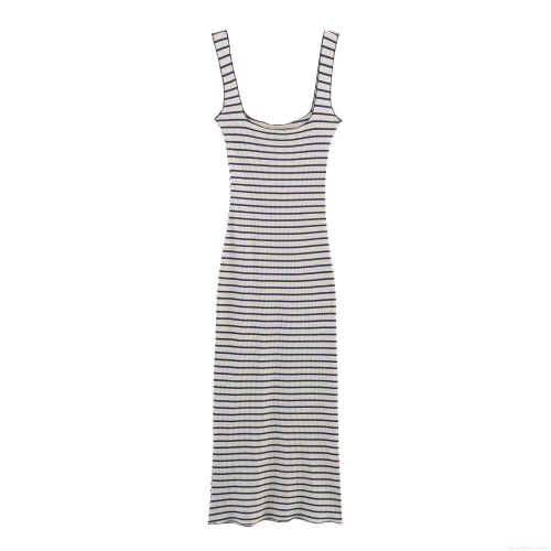 Women's Square Neck Striped Sleeveless Midi Dress Knit Ribbed Acetate Fiber Slim Fit Bodycon Summer Dress Streetwear Fashion