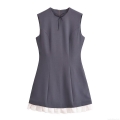 Women Sleeveless Round Neck Mini Dress Bow Tie Spliced Contrast Pleated Hem Polyester Short Casual Dress Streetwear Style Summer Clothing