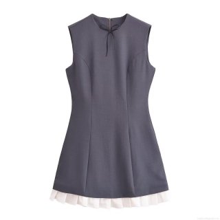 Women Sleeveless Round Neck Mini Dress Bow Tie Spliced Contrast Pleated Hem Polyester Short Casual Dress Streetwear Style Summer Clothing