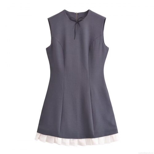 Women Sleeveless Round Neck Mini Dress Bow Tie Spliced Contrast Pleated Hem Polyester Short Casual Dress Streetwear Style Summer Clothing