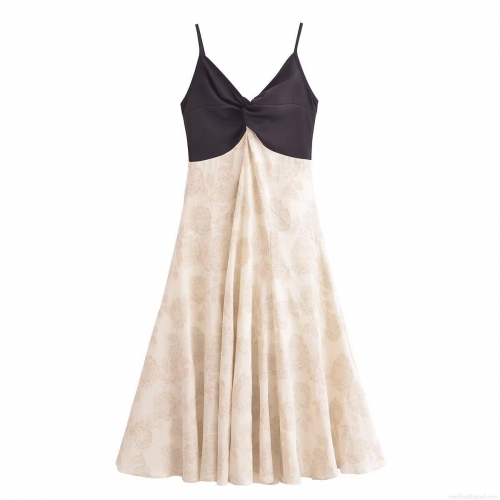 Women's Elegant Color Block Jacquard Camisole Dress Sexy Backless V Neck Twist Front Midi Dress For Summer Party Vacation French Retro Style