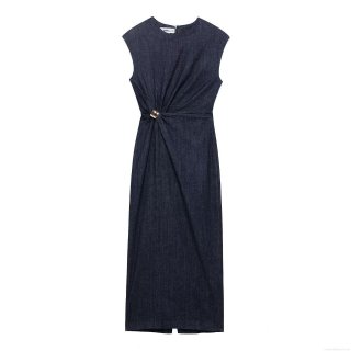 Women's Western Street Style Sleeveless Round Neck Maxi Dress With Gold Metal Ring Pleated Waist Side Slit Denim Look Polyester Woven Dress For Casual Party Dark Blue