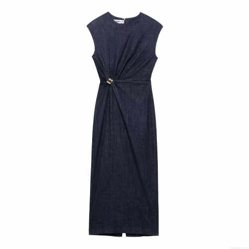 Women's Western Street Style Sleeveless Round Neck Maxi Dress With Gold Metal Ring Pleated Waist Side Slit Denim Look Polyester Woven Dress For Casual Party Dark Blue