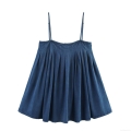 Summer Women's Casual Denim Mini Dress Deep Blue Spaghetti Straps Pleated Camisole Dress Sleeveless Backless Streetwear For Women