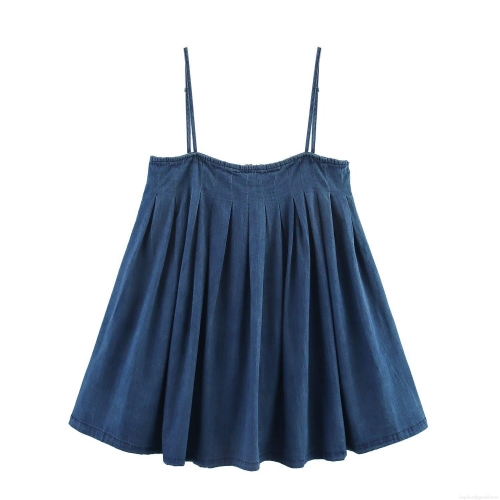 Summer Women's Casual Denim Mini Dress Deep Blue Spaghetti Straps Pleated Camisole Dress Sleeveless Backless Streetwear For Women