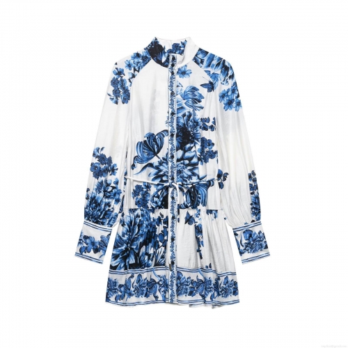 Women's Floral Print Shirt Dress 100% Polyester Long Sleeve Tie-Waist Midi Dress European Style Single-Breasted Casual Streetwear Party Dress for Ladies