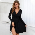 Women Sexy V Neck Lace Patchwork Knitted Long Sleeve Mini Dress Slim Fit Ribbed Tie Waist Elegant Bodycon Dress For Party Commute Office