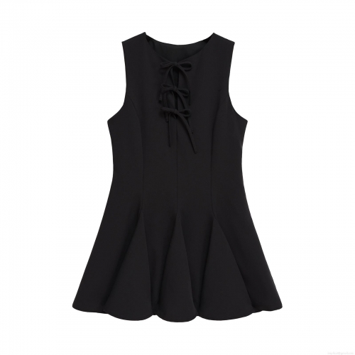 Women's Sleeveless A-Line Mini Dress With Bow Tie Knots Elegant Black Regenerated Cellulose Blend Short Dress For Summer Streetwear Party