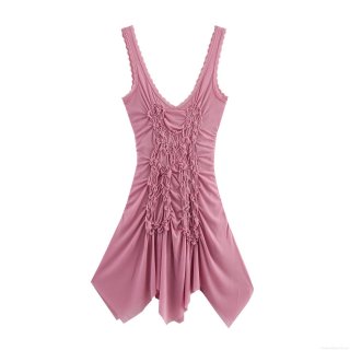 Women's Sexy Ruched Cami Mini Dress V Neck Sleeveless Irregular Hem Solid Color Polyester Knit Lace Trim Dress For Party Summer Streetwear