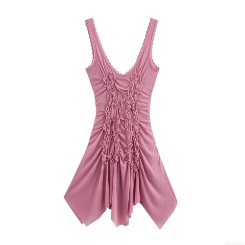 Women's Sexy Ruched Cami Mini Dress V Neck Sleeveless Irregular Hem Solid Color Polyester Knit Lace Trim Dress For Party Summer Streetwear