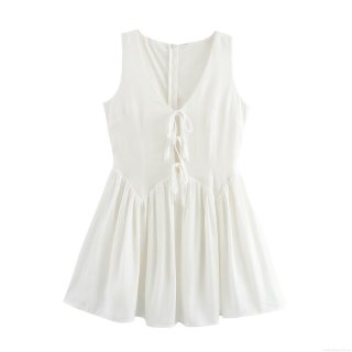Women's Sleeveless V-Neck Mini Dress With Front Bow Tie Knots Polyester A-Line Summer Casual Sexy White Short Dress Patchwork Sundress For Ladies Streetwear