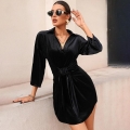 Women Elegant Black Velvet V Neck Mini Dress Long Sleeve Tie Waist Bodycon Slim Fit Commuter Party Dress For Ladies