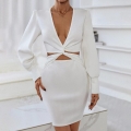 Sexy V-Neck Hollow Out Bodycon Mini Dress For Women Long Sleeve Knit Polyester Spandex Elegant Party Dress With Waist Twist Detail