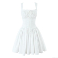 Women Square Neck Sleeveless Corset Mini Dress White Backless Shirred Waist A-Line Short Dress Solid Summer Street Style Party Fashion Dress