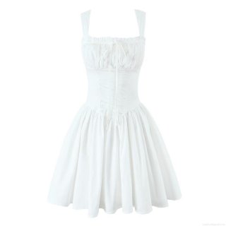 Women Square Neck Sleeveless Corset Mini Dress White Backless Shirred Waist A-Line Short Dress Solid Summer Street Style Party Fashion Dress