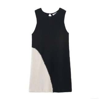 Women Color Block Knit Dress Round Neck Sleeveless Polyester Patchwork Mini A-Line Streetwear Party Dress