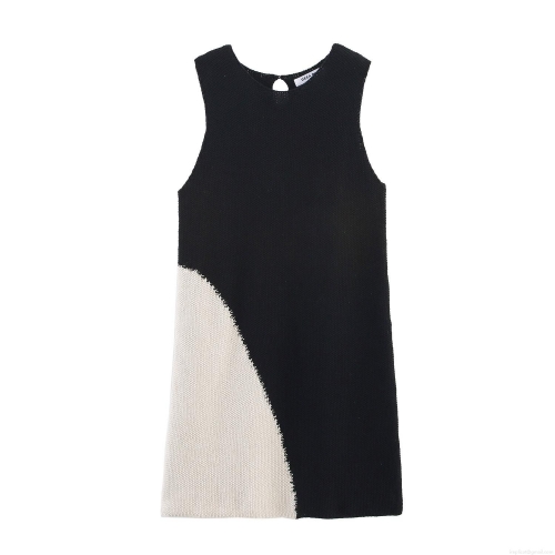Women Color Block Knit Dress Round Neck Sleeveless Polyester Patchwork Mini A-Line Streetwear Party Dress