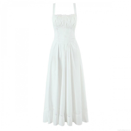 Women White Lace Splicing Camisole Dress Sleeveless Hollow Out Maxi Dress For Summer Vacation Party Slim Fit Elegant Long Dress