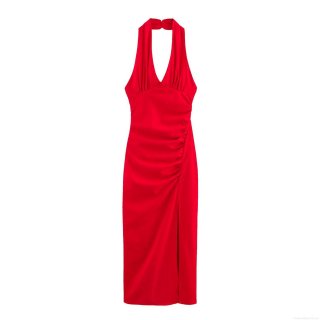 Women's Sexy Red Halter Neck V-Neck Backless Midi Dress Polyester Ruched Bodycon High Slit Evening Party Clubwear Streetwear Elegant Summer Dress For Ladies