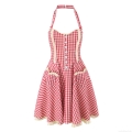 Women's Sexy Red Gingham Halter Mini Dress With Heart Shaped Pockets Ruffle Hem Cotton Blend Slim Fit Retro A-Line Summer Party Dresses For Women
